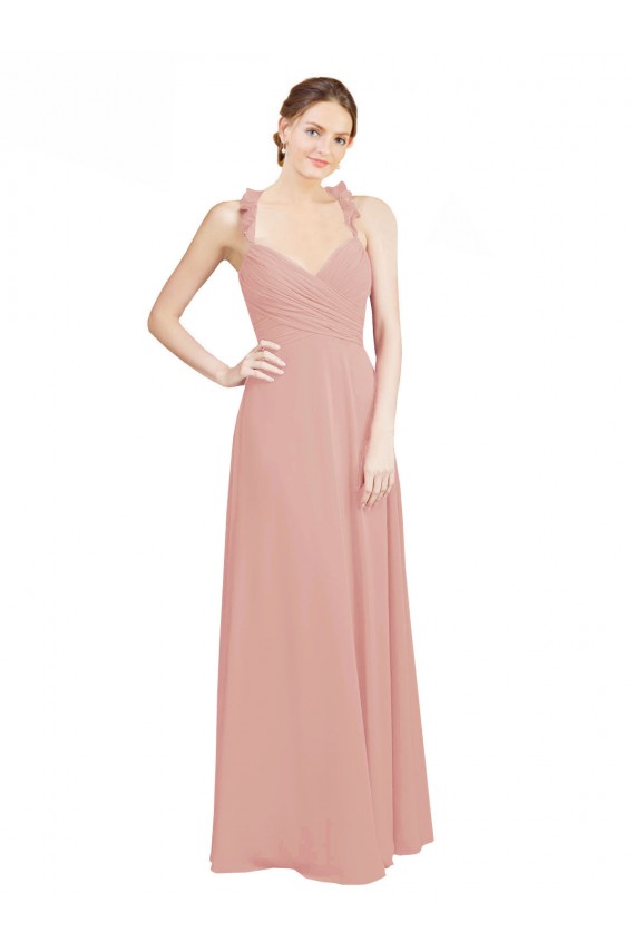 Ruched Sweetheart Halter Neckline Chiffon Bridesmaid Dress with Tie Open Back UK