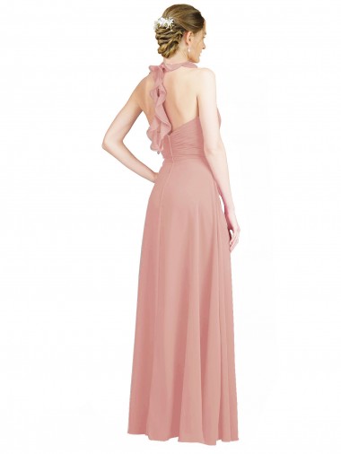 Ruched Sweetheart Halter Neckline Chiffon Bridesmaid Dress with Tie Open Back UK