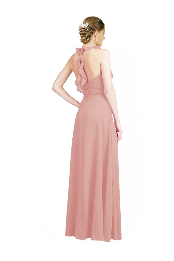 Ruched Sweetheart Halter Neckline Chiffon Bridesmaid Dress with Tie Open Back UK