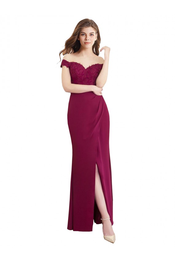 Off the Shoulder Chiffon Bridesmaid Dress with Lace Appliques and Front Slit UK