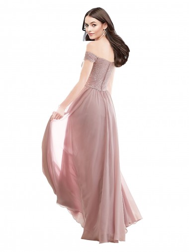 Floor Length Chantilly Lace Off the Shoulder Chiffon Bridesmaid Dress UK