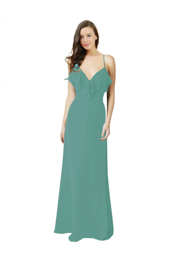 Full Length Chiffon Bridesmaid Dress with Ruffled V-Neckline UK