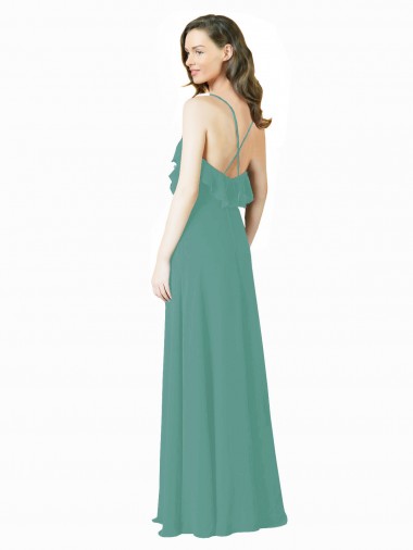Full Length Chiffon Bridesmaid Dress with Ruffled V-Neckline UK