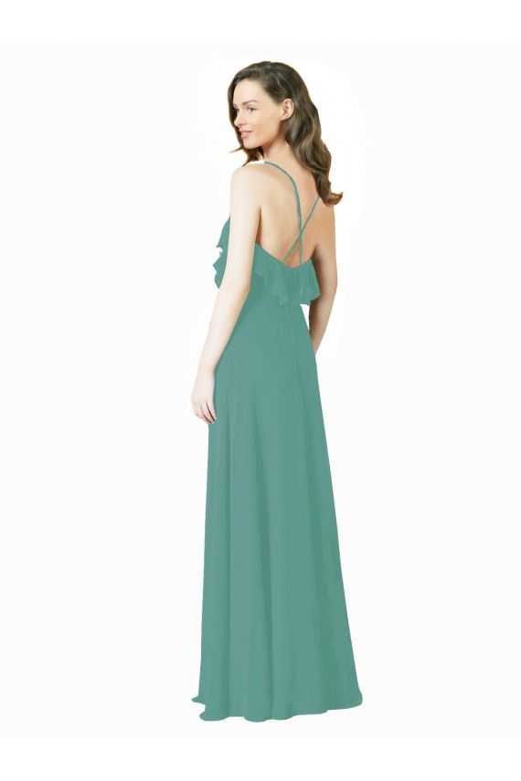 Full Length Chiffon Bridesmaid Dress with Ruffled V-Neckline UK
