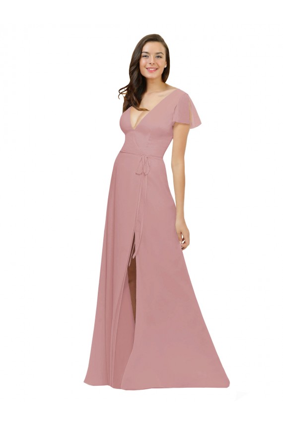 Flutter Sleeves Short Chiffon Bridesmaid Dress with Tie Belt UK