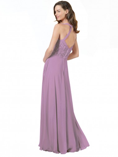 Floral Detailed Chiffon Bridesmaid Dress with Keyhole Back UK