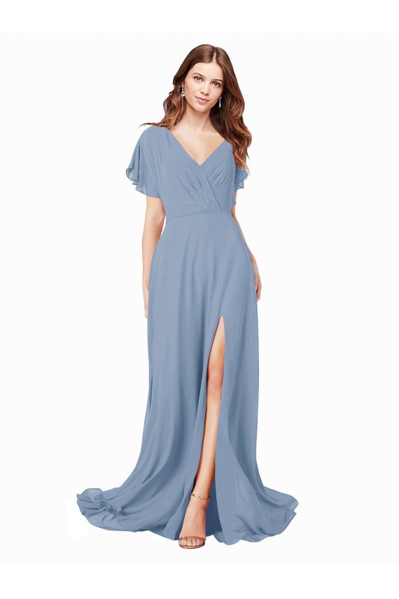 Chiffon Bridesmaid Dress / Prom Dress with Flutter Sleeves and Front Slit UK