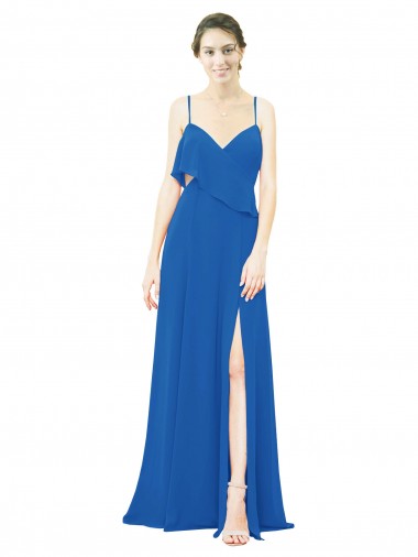 Spaghetti Strap Chiffon Bridesmaids Dress with Asymmetrical Ruffle and Front Slit UK