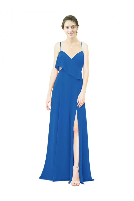 Spaghetti Strap Chiffon Bridesmaids Dress with Asymmetrical Ruffle and Front Slit UK