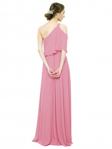 Sleeved One Shoulder Chiffon Bridesmaids Dress with Draped Ruffle Overlay UK