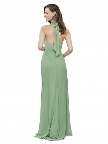 High Collar Halter Neck Chiffon Bridesmaid Dress with Long Back Tie UK