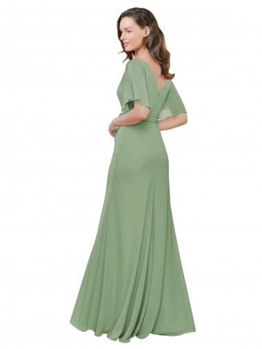 Chiffon V-Neckline Wrap Bridesmaids Dress With Double Flutter Sleeve UK