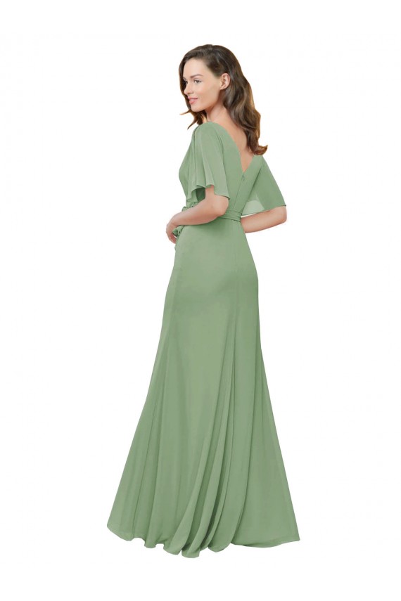 Chiffon V-Neckline Wrap Bridesmaids Dress With Double Flutter Sleeve UK