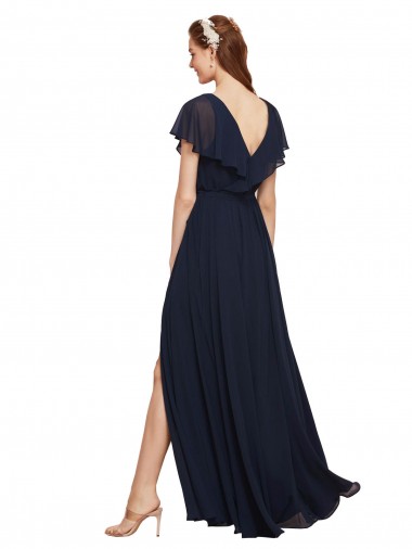 Long V-Neck Chiffon Bridesmaid Dress with Slit and V-Back UK