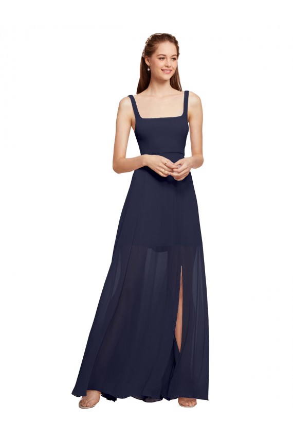 Squre Necked Long Chiffon Bridesmaid Dress with Front Slit UK