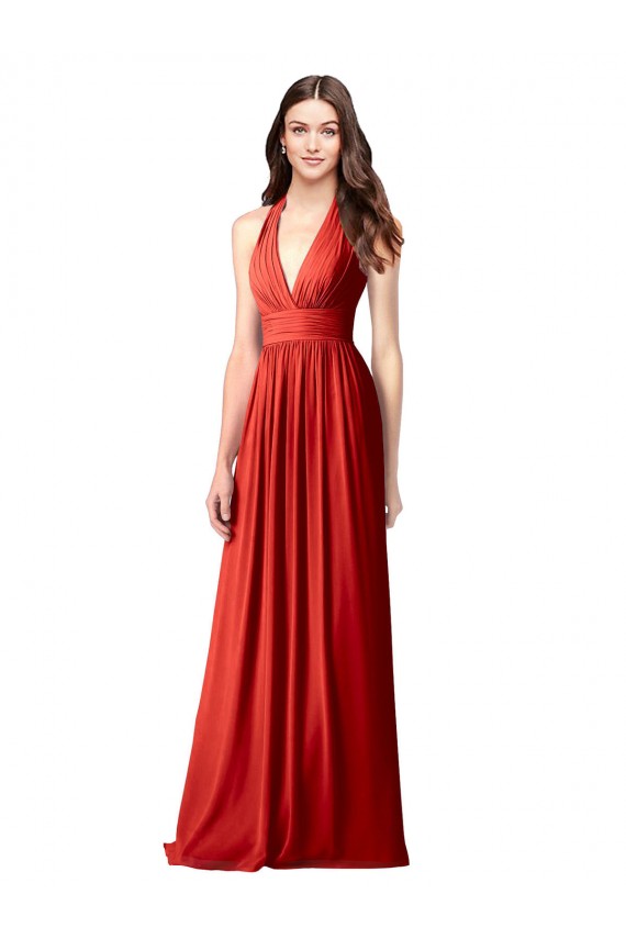 Halter V-Neck A-Line Chiffon Bridesmaid Dress with Shirred Skirt UK