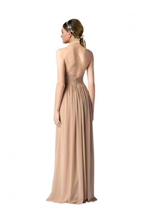 Halter V-Neck A-Line Chiffon Bridesmaid Dress with Shirred Skirt UK