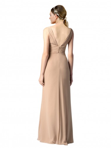 Shirred Long Floor Length Chiffon Bridesmaid Dress with V-Back UK