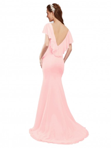 Fit and Flare Chiffon Bridesmaid Dress with V-Neck and Flutter Sleeves UK