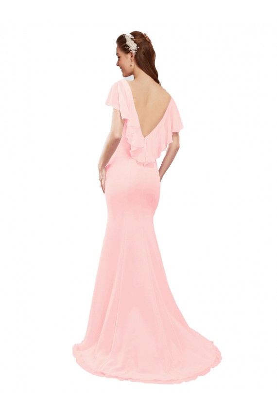 Fit and Flare Chiffon Bridesmaid Dress with V-Neck and Flutter Sleeves UK