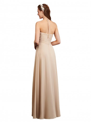 Draped Halter Neck Long Chiffon Bridesmaid Dress with Tie Back UK