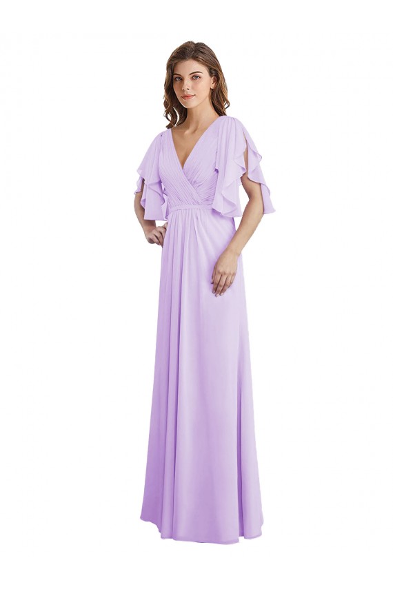 A-Line Draped Chiffon Bridesmaid Dress with V-Neck and Split Sleeves UK