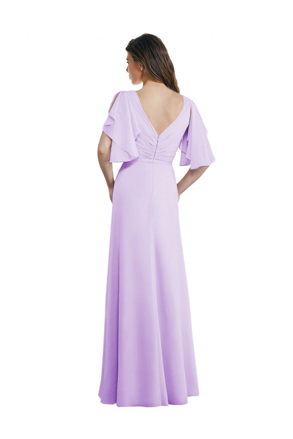 A-Line Draped Chiffon Bridesmaid Dress with V-Neck and Split Sleeves UK
