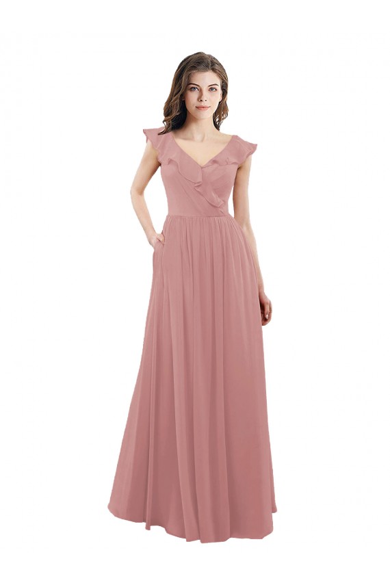 Chiffon A-Line Bridesmaid Dress with V-Neck Wrap Bodice UK