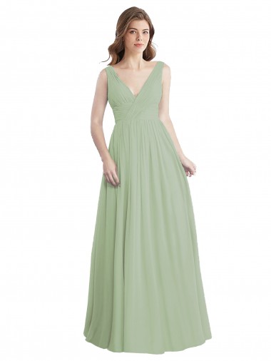 V-Neck A-Line Long Chiffon Bridesmaid Dress with Draped Bodice UK