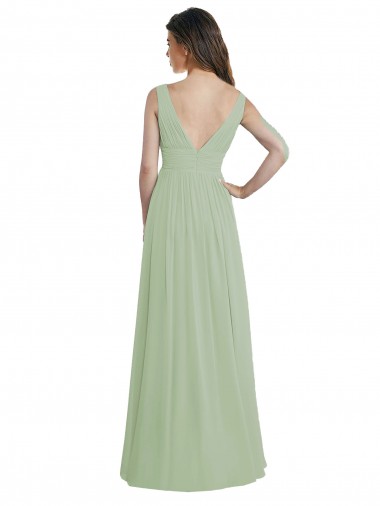 V-Neck A-Line Long Chiffon Bridesmaid Dress with Draped Bodice UK