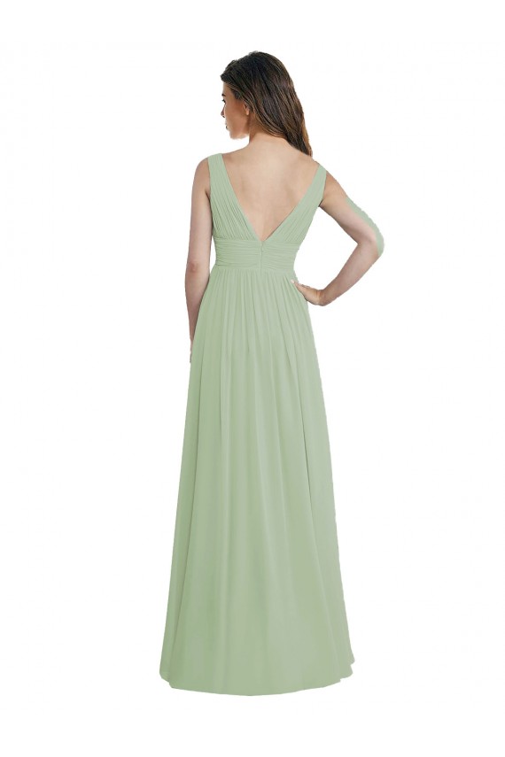 V-Neck A-Line Long Chiffon Bridesmaid Dress with Draped Bodice UK