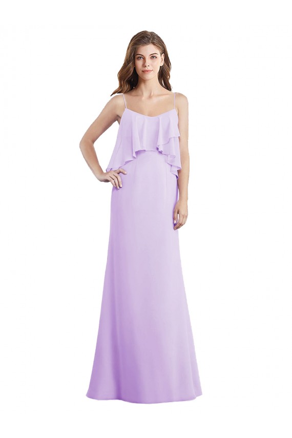 Scoop Neck Long Chiffon Bridesmaid Dress with Cross Over Neckline Flounce UK