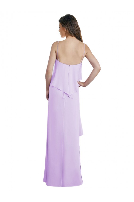 Scoop Neck Long Chiffon Bridesmaid Dress with Cross Over Neckline Flounce UK