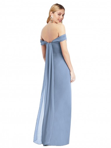 Full Length Draped Off the Shoulder Maxi Bridesmaid Dress with Shirred Streamer UK