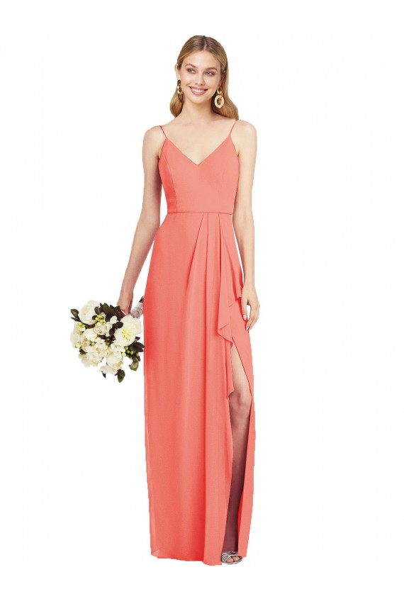 Spaghetti Strap Draped Skirt Chiffon Bridesmaid Dress with Front Slit UK