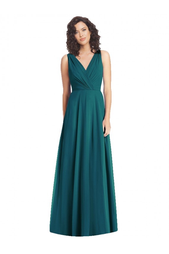 Draped V-Neck Long Sleeveless Chiffon Bridesmaid Dress UK