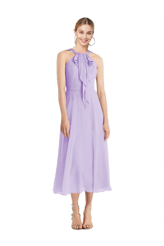 Midi Length Halter Plunging V-Back Chiffon Bridesmaid Dress / Cocktail Dress UK