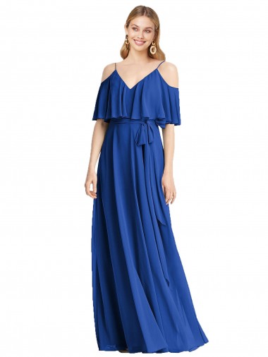 Spaghetti Straps V-Neck Chiffon Bridesmaid Dress with Sash Tie UK