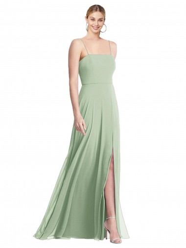 Sleek Spaghetti Straps Low Back Square Neck Maxi Formal Chiffon Bridesmaid Dress UK