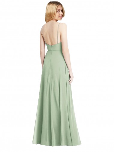 Sleek Spaghetti Straps Low Back Square Neck Maxi Formal Chiffon Bridesmaid Dress UK