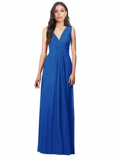 Draped V-Neck Shirred Chiffon Maxi Bridesmaid Dress UK