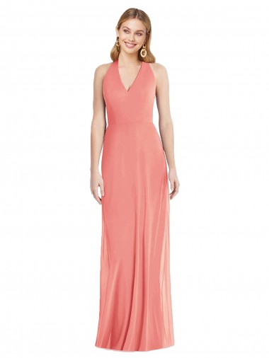 V-Neck Halter Chiffon Maxi Formal Bridesmaid Dress Open Back UK
