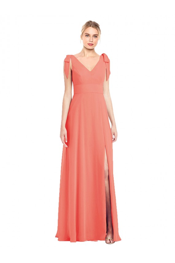 Full Length Bow-Shoulder V-Back Chiffon Bridesmaid Dress with Front Slit UK
