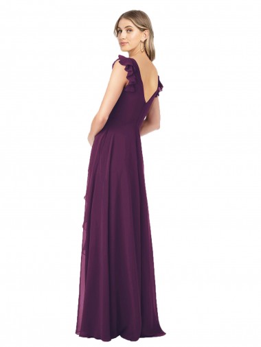 Ruffle Cap Sleeves Long Chiffon Bridesmaid Dress UK
