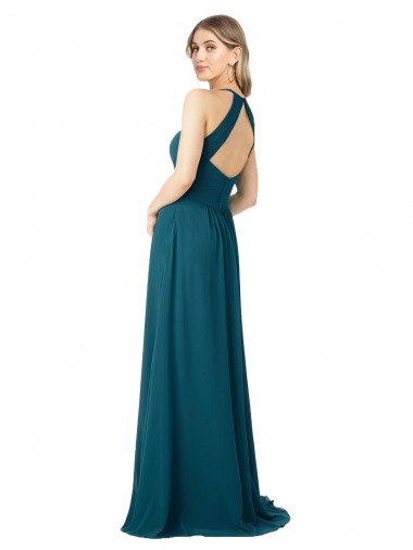 Draped High Neck Keyhole Back Bridesmaid Dress with Front Slit UK