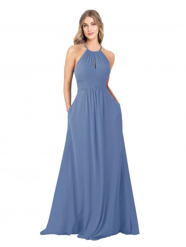 Draped High Neck Keyhole Back Bridesmaid Dress with Front Slit UK
