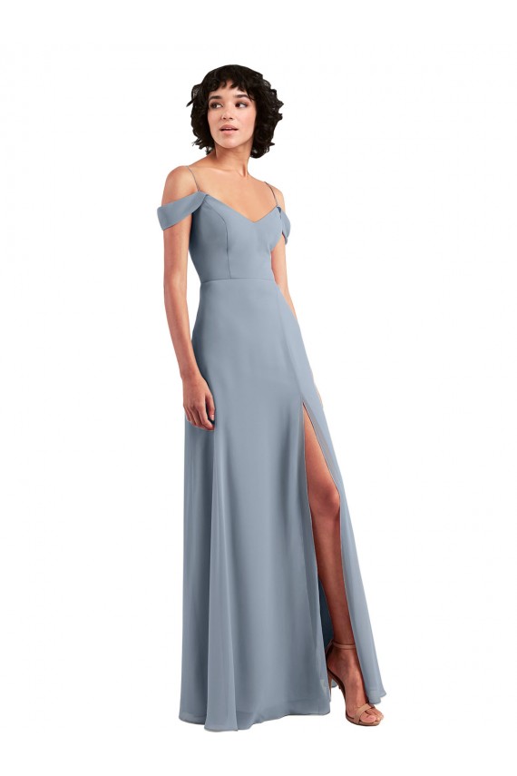 Off the Shoulder Folded Sleeve Long Chiffon Bridesmaid Dress with High Side Slit UK