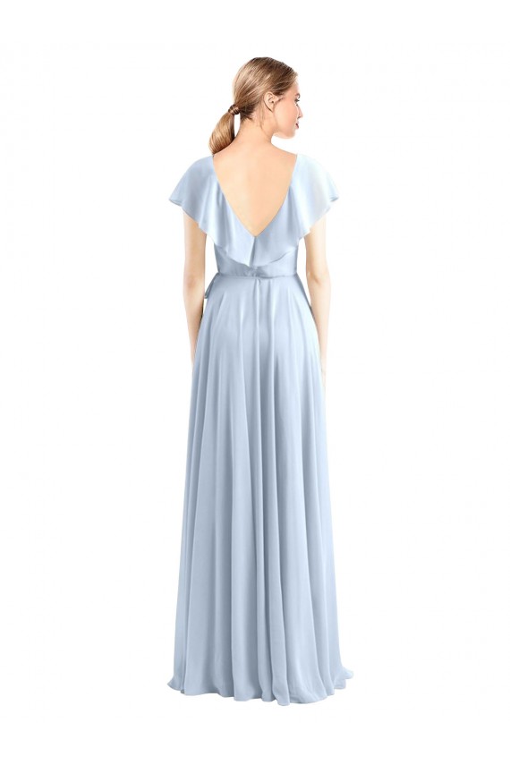 V-Neck A-Line Flutter Sleeves Long Chiffon Wrap Style Bridesmaid Dress UK