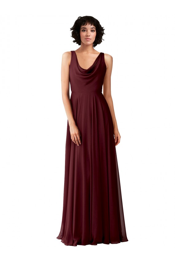 Draped Cowl Neck Long Chiffon Bridesmaid Dress with Wide Straps UK