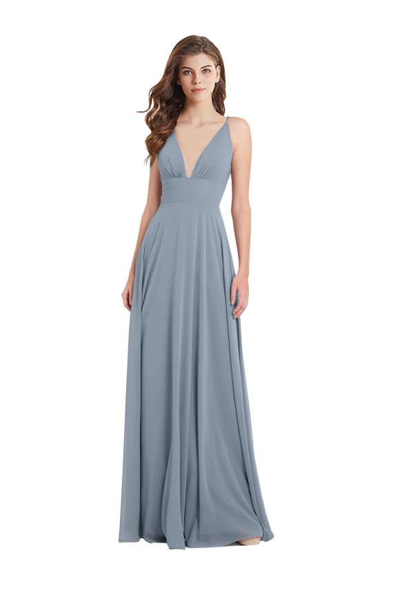 Fitted V-Neckline Long Chiffon Bridesmaid Dress with V-Back UK